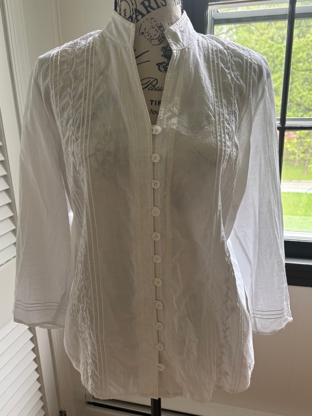 White Embroidered Mandarin-Style Button Shirt
